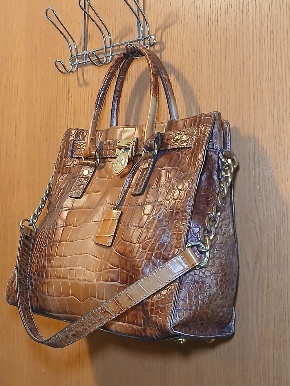 Michael Kors Hamilton Croc Embossed Brown Leather Large Satchel Shoulder Bag